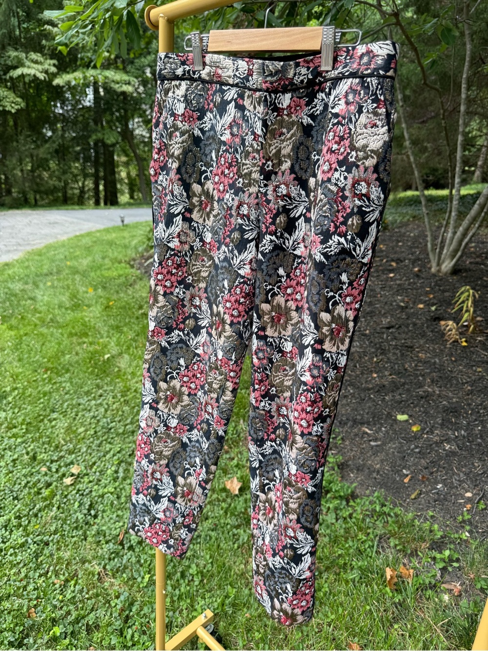 Anthropologie Floral Brocade Tapered Pants in Black, Pink & Olive